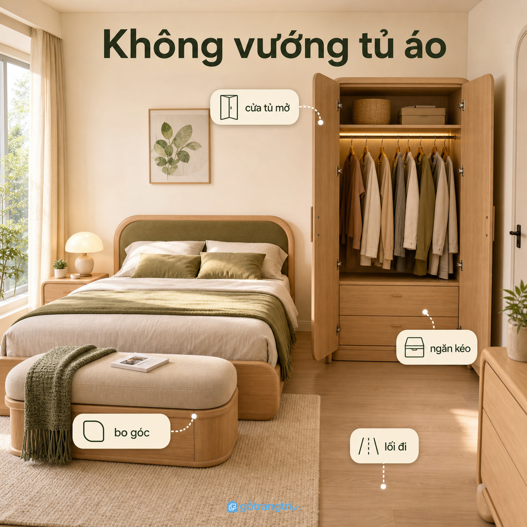 Phòng có tủ áo sát giường cần kiểm hướng mở trước khi làm bench