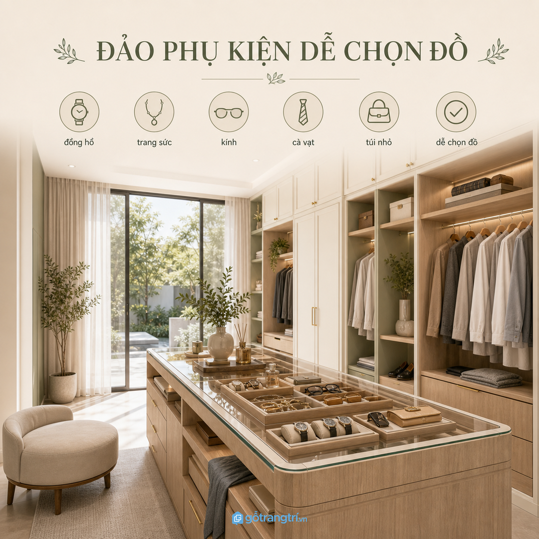 Đảo phụ kiện đặt giữa phòng giúp chọn đồ mỗi ngày nhanh và gọn hơn
