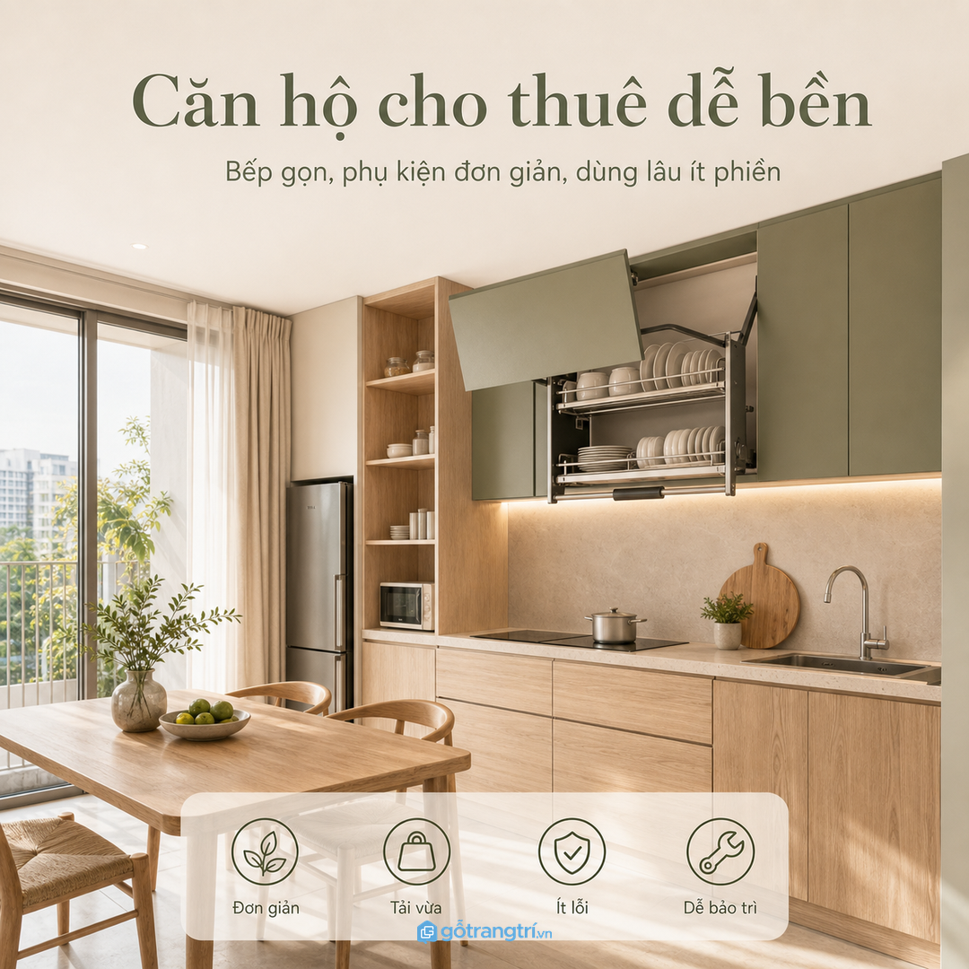 Căn hộ cho thuê nên dùng giá bát nâng hạ đơn giản, tải vừa và dễ bảo trì