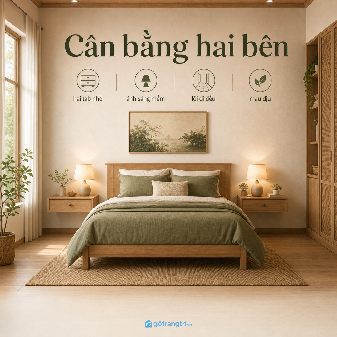 Phòng ngủ vợ chồng nên cân bằng hai bên giường và tủ đầu giường