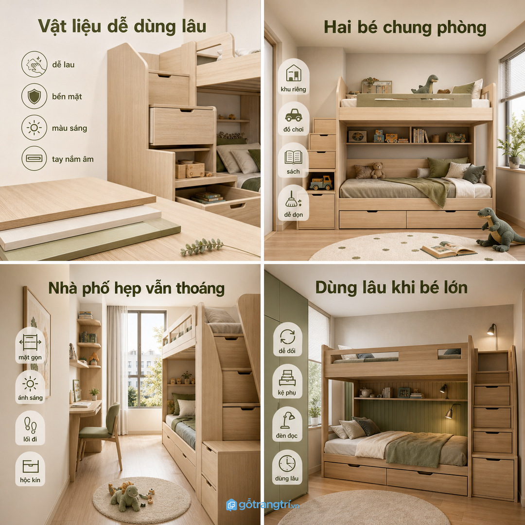 Giường tầng may đo nên tính tới nhu cầu dùng lâu khi trẻ lớn