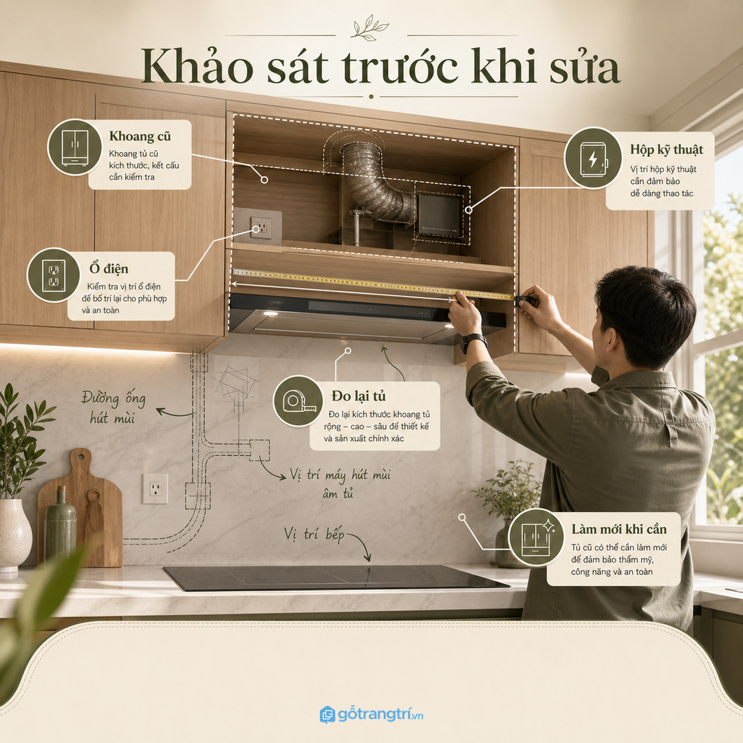 Chốt thiết bị hút mùi trước khi xưởng sản xuất tủ bếp may đo