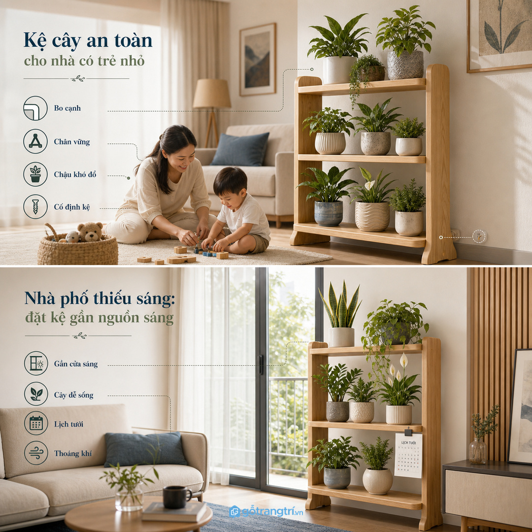 Nhà phố thiếu sáng nên chọn cây dễ sống và đặt kệ gần nguồn sáng