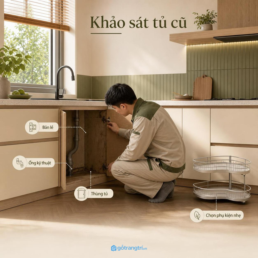 Tủ bếp cũ cần khảo sát kỹ trước khi lắp kệ góc xoay