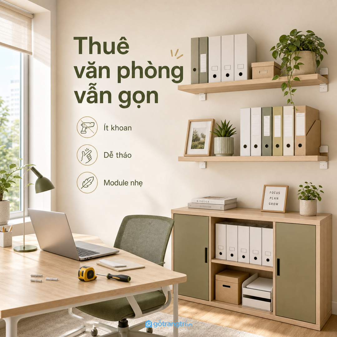 Văn phòng thuê cần kệ tháo lắp và ít khoan tường