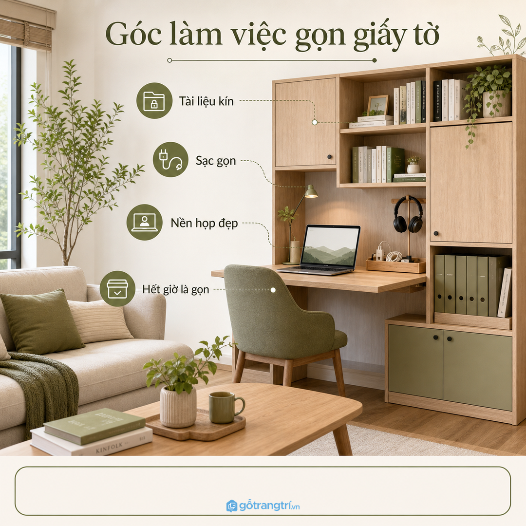 Phòng khách kiêm góc làm việc cần kệ gọn giấy tờ