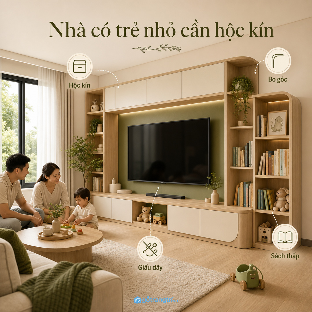 Nhà có trẻ nhỏ cần khoang sách an toàn và dễ dọn