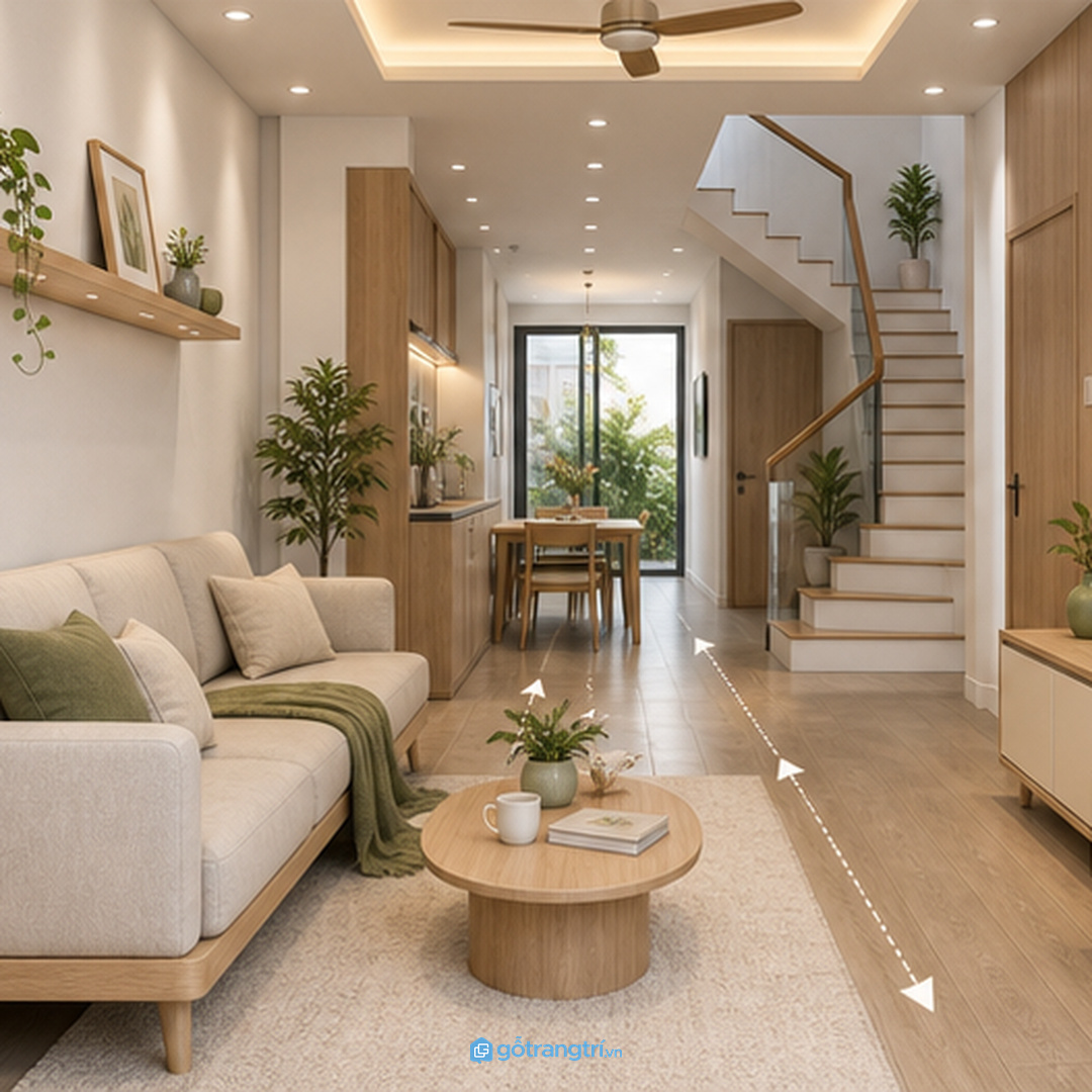 Nhà phố hẹp nên dùng kệ treo kết hợp tủ thấp gọn đồ