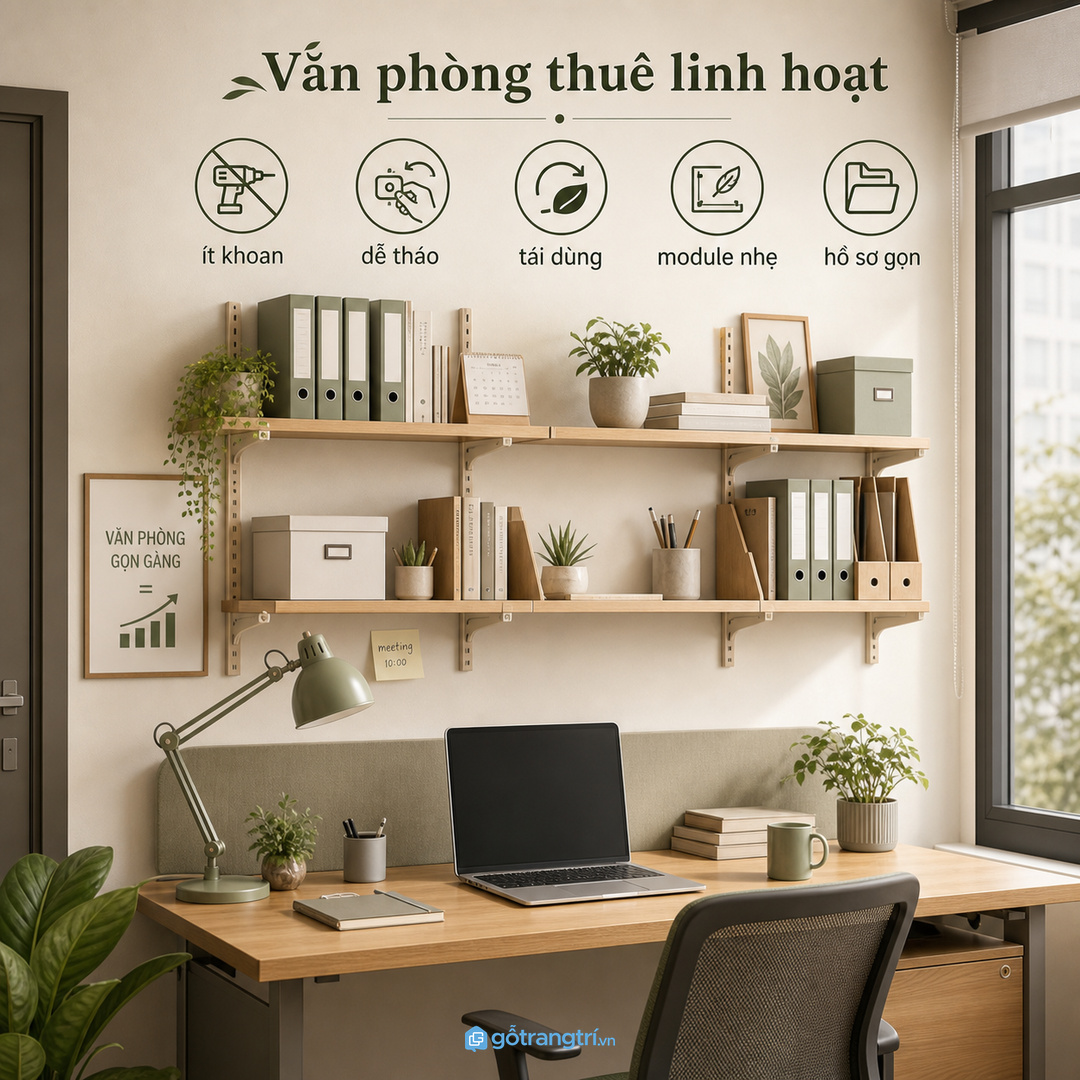 Văn phòng thuê cần kệ dễ tháo lắp, ít khoan và dùng lại được.