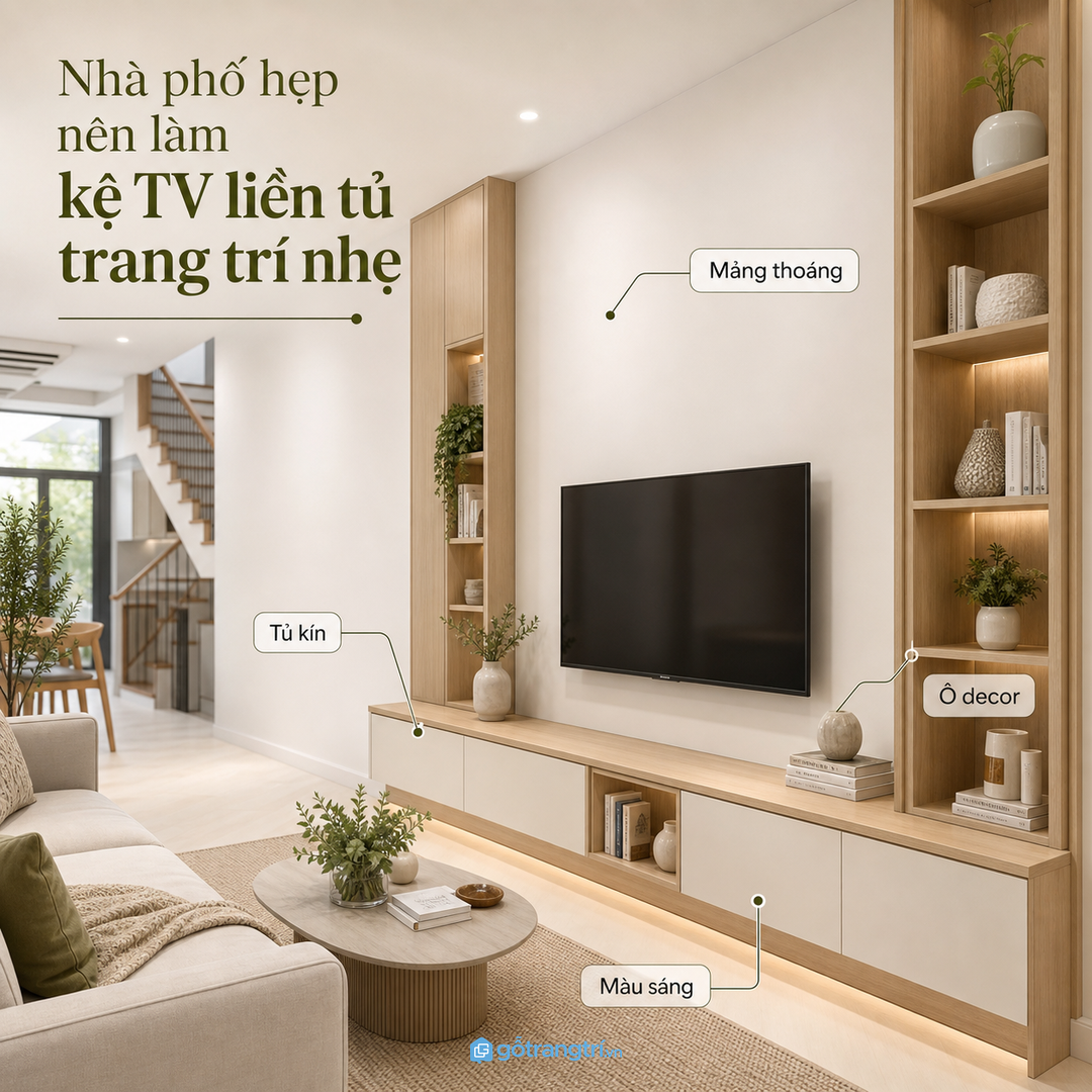 Nhà phố hẹp nên dùng kệ TV liền tủ trang trí nhẹ, không bày quá nhiều