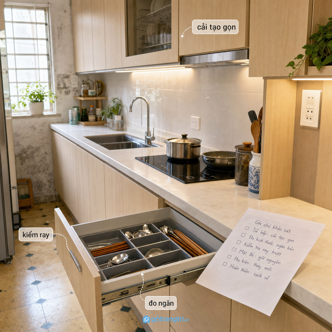 Chốt kích thước khay trước khi sản xuất tủ bếp may đo