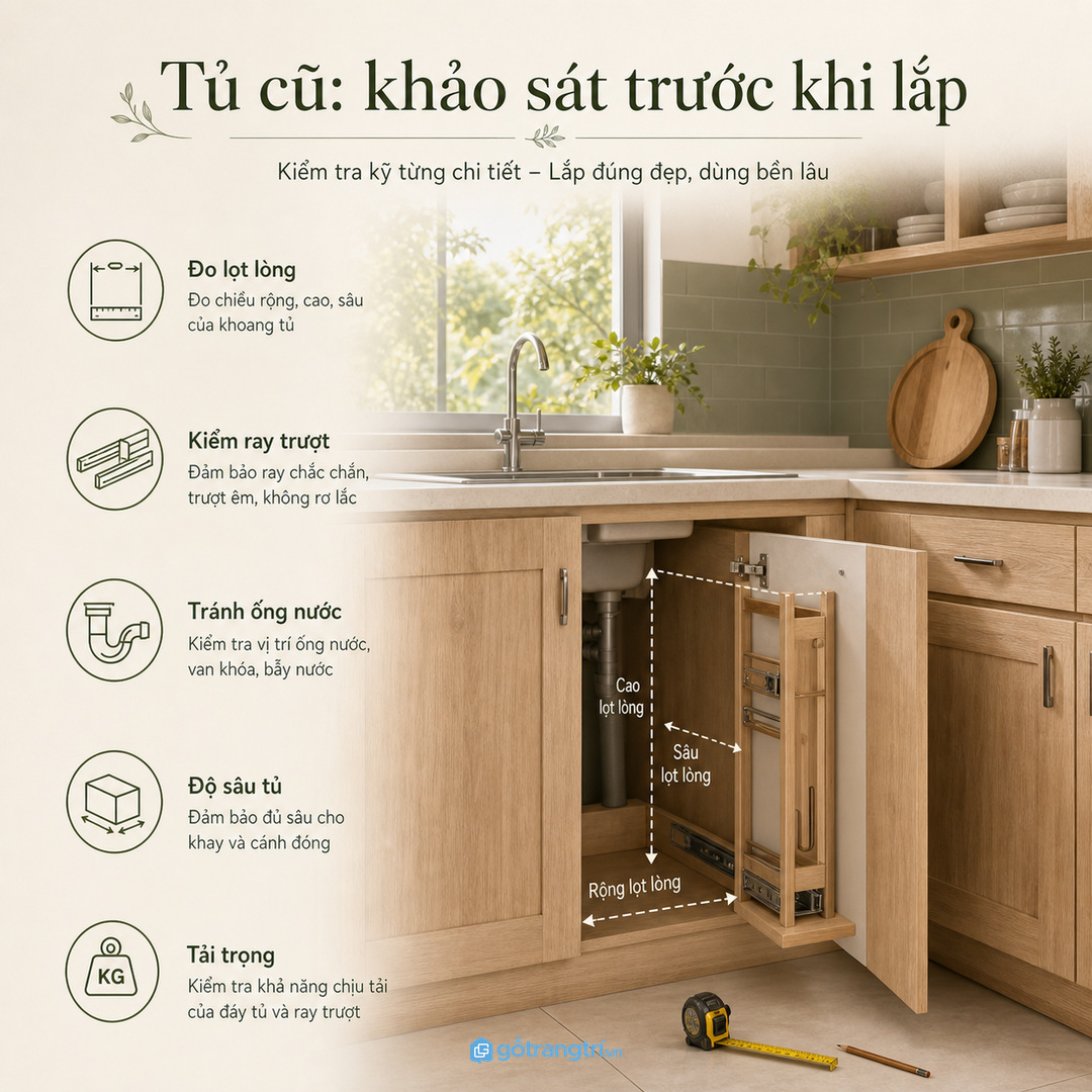 Tủ bếp cũ cần khảo sát kỹ trước khi lắp khay dao thớt