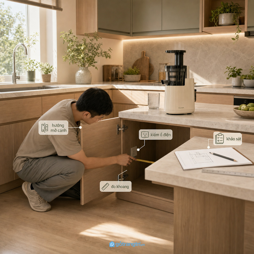 Chốt loại máy ép trước khi sản xuất tủ bếp may đo
