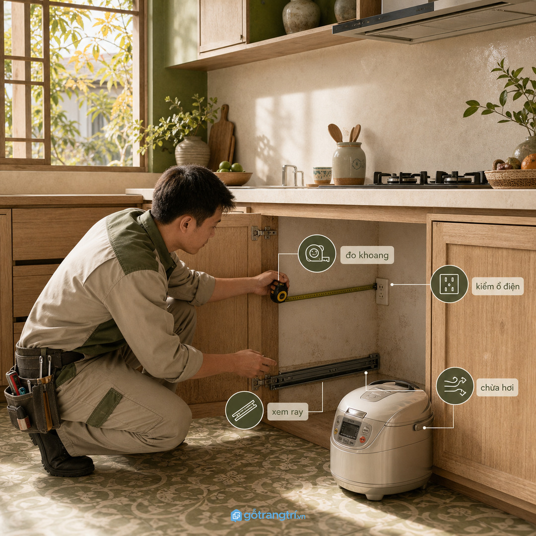 Chốt kích thước nồi cơm trước khi sản xuất tủ bếp may đo