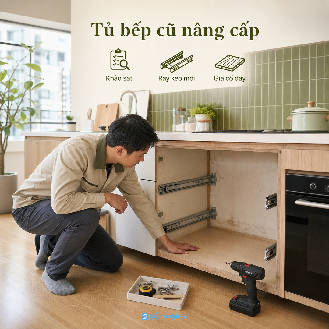 Tủ bếp cũ cần khảo sát kỹ trước khi nâng cấp ray kéo