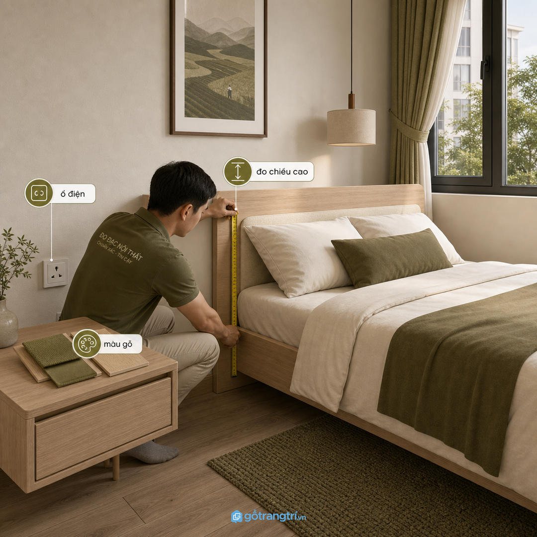 Trước khi đặt làm nên đo chiều cao, ổ điện và màu gỗ