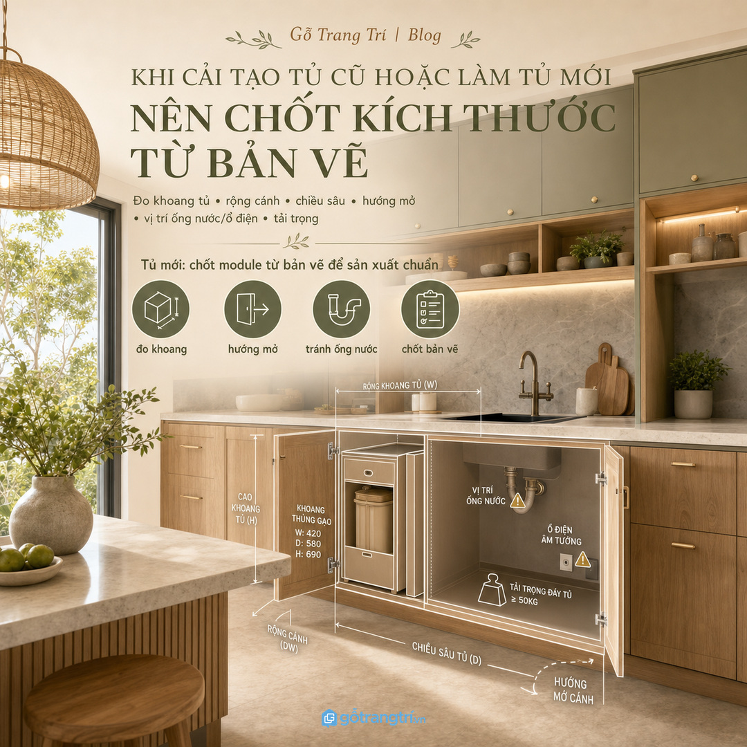 Khi làm tủ mới hoặc cải tạo tủ cũ nên chốt kích thước từ bản vẽ