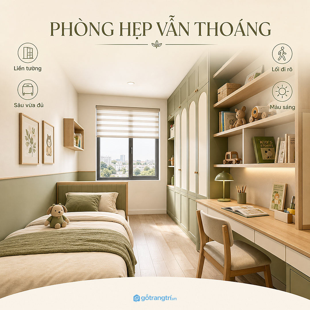 Phòng hẹp ngang nên làm hệ tủ bàn học liền tường