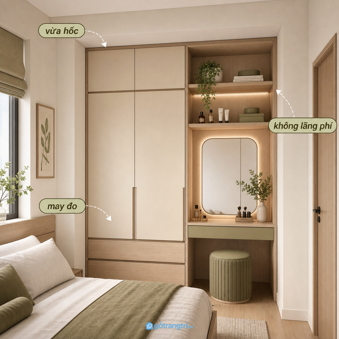 Tủ áo bàn phấn may đo vừa hốc tường giúp không lãng phí góc nhỏ