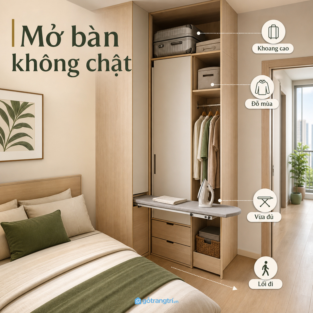 Căn hộ nhỏ hợp bàn ủi gấp mỏng, đóng lại sạch như tủ thường