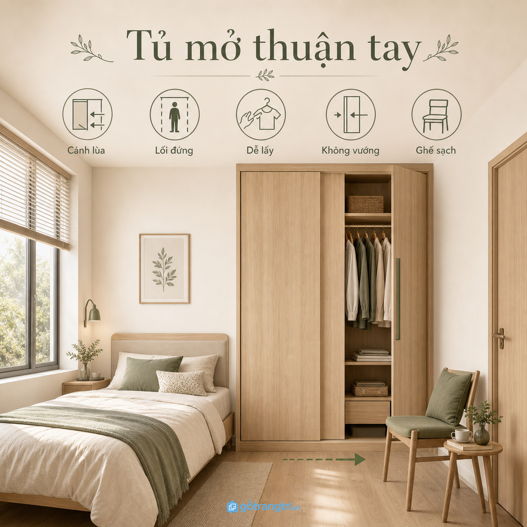 Phòng hẹp quanh giường cần tủ mở thuận tay