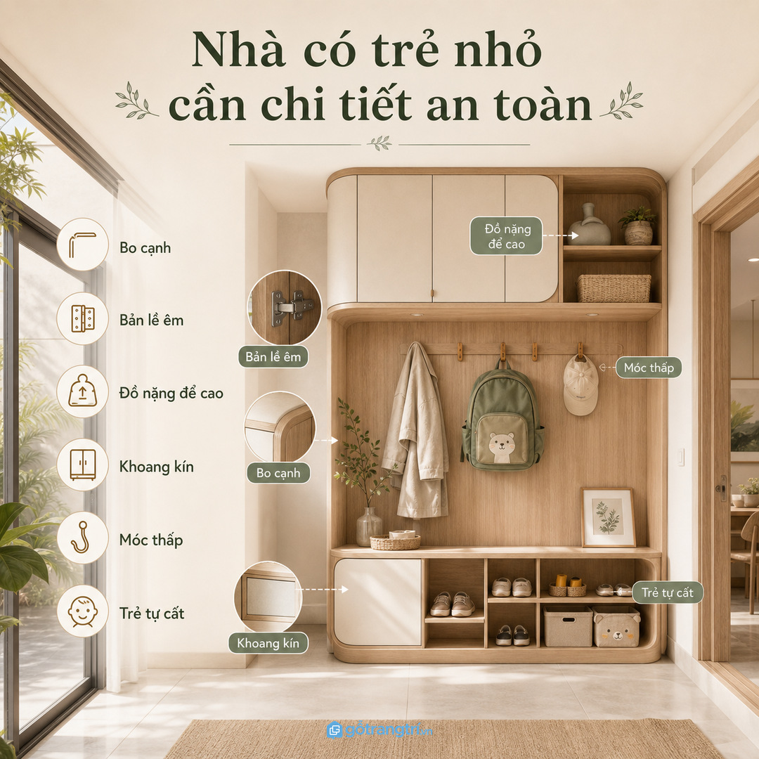 Nhà có trẻ nhỏ cần bo cạnh và khóa khoang nguy hiểm