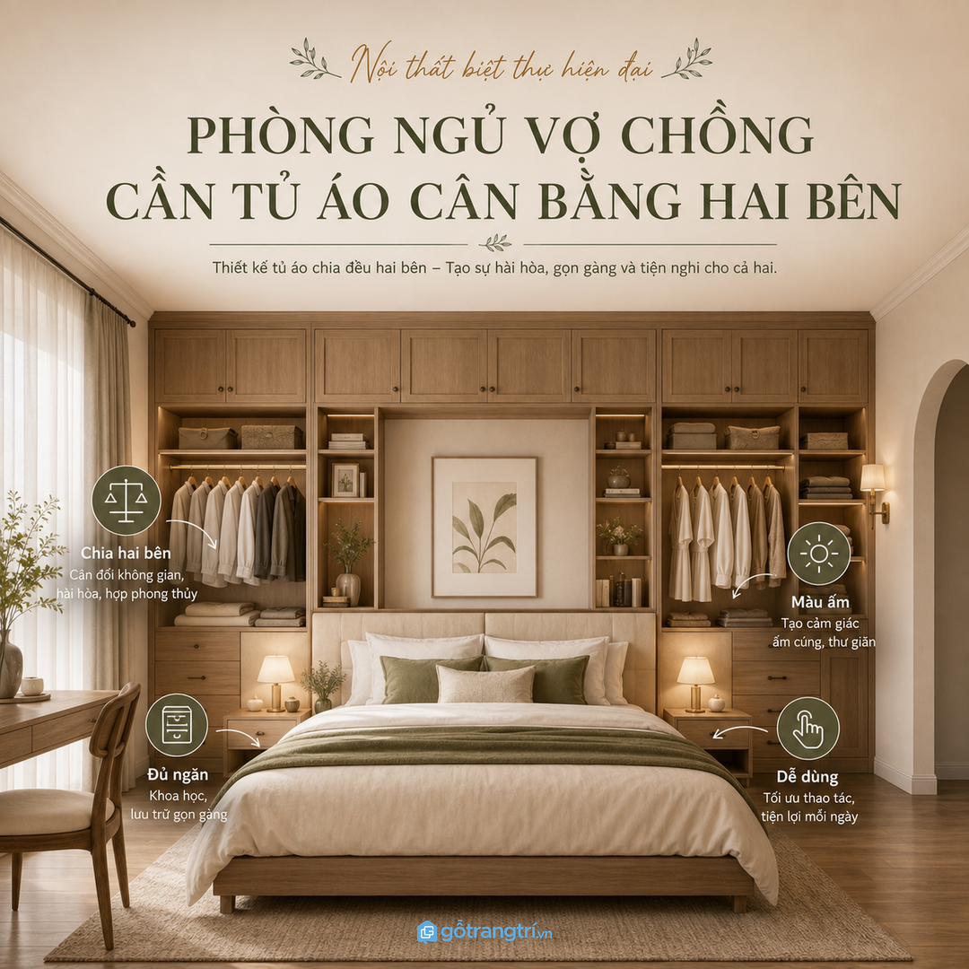 Phòng ngủ vợ chồng nên chia tủ áo cân bằng hai bên
