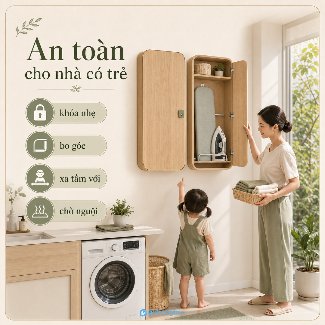 Nhà hay ủi sơ mi cần mặt gấp đủ dài và khoang treo đồ ngay bên cạnh