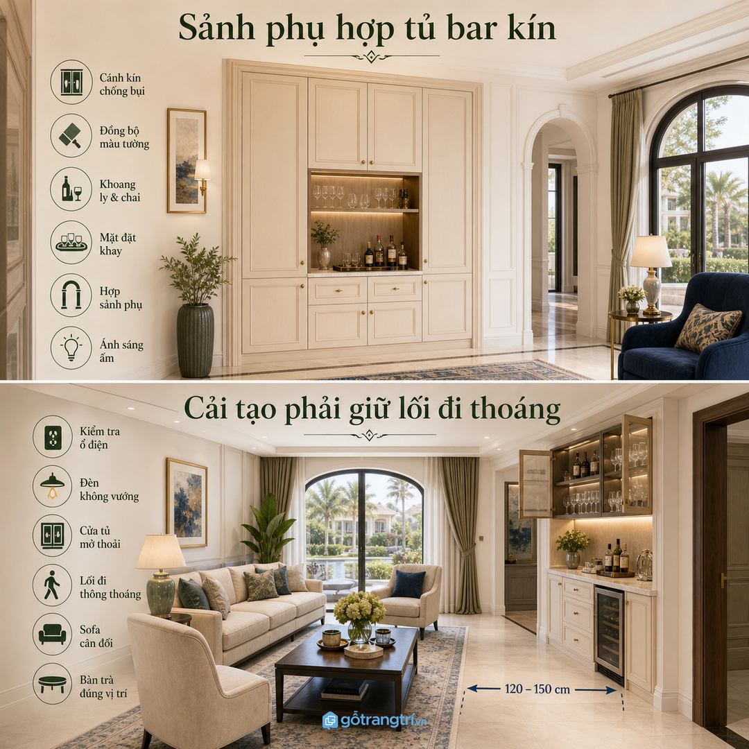 Biệt thự cải tạo cần giữ lối đi thoáng khi thêm tủ bar khô
