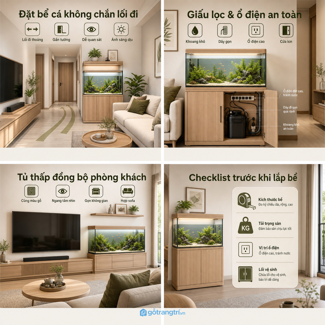 Checklist tủ bể cá gồm kích thước, tải trọng, ổ điện và vệ sinh