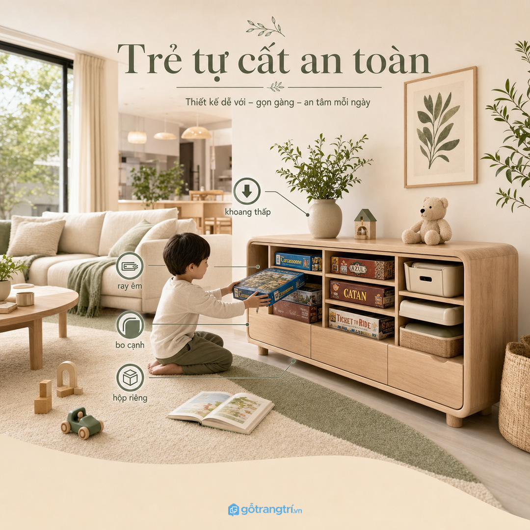 Nhà có trẻ nhỏ cần tủ an toàn và giúp trẻ tự cất