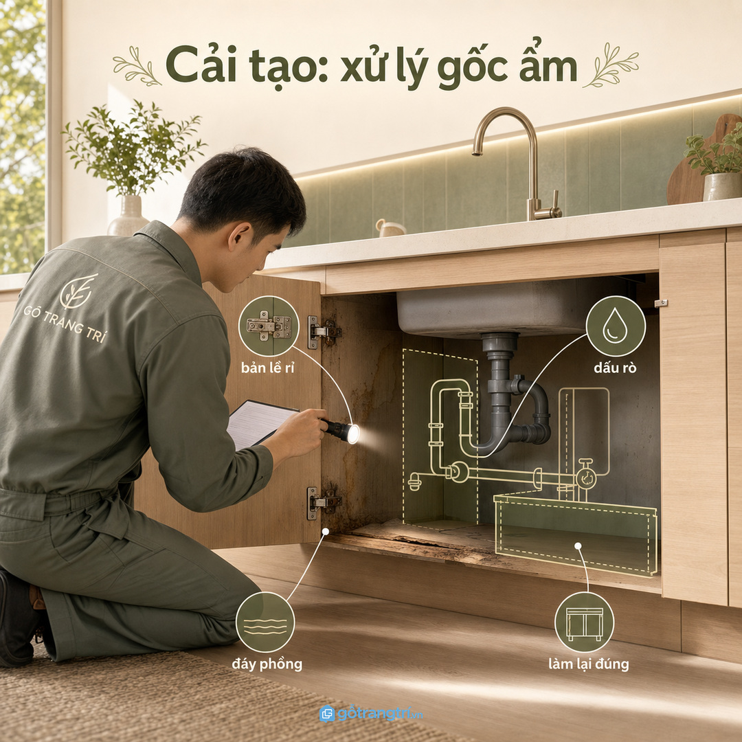 Cải tạo tủ bếp cũ phải xử lý gốc ẩm trước khi làm đẹp