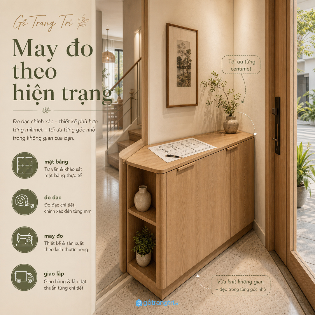Tủ console may đo theo hiện trạng giúp xử lý lối vào khó kê đồ