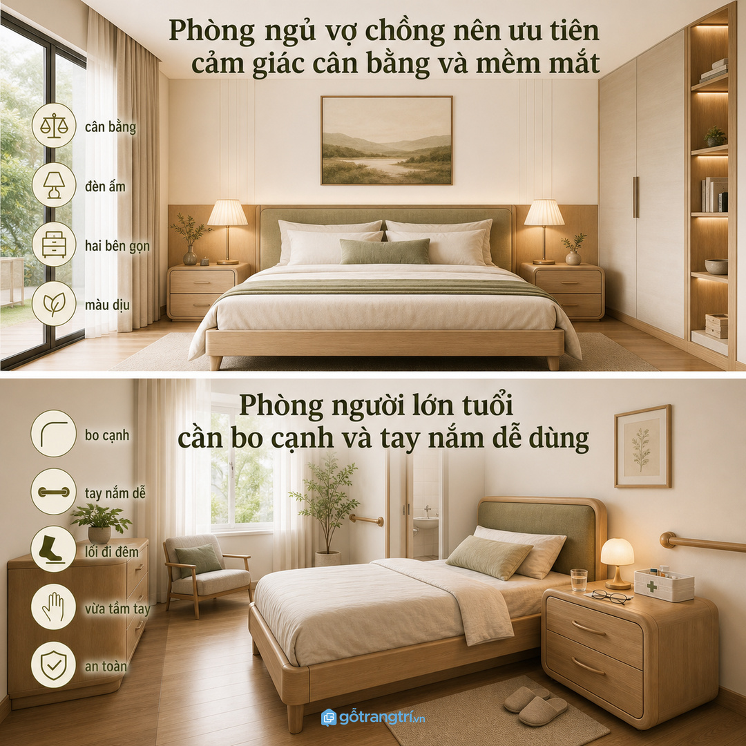 Checklist tủ đầu giường gồm chiều cao, lối đi, ổ điện và ánh sáng