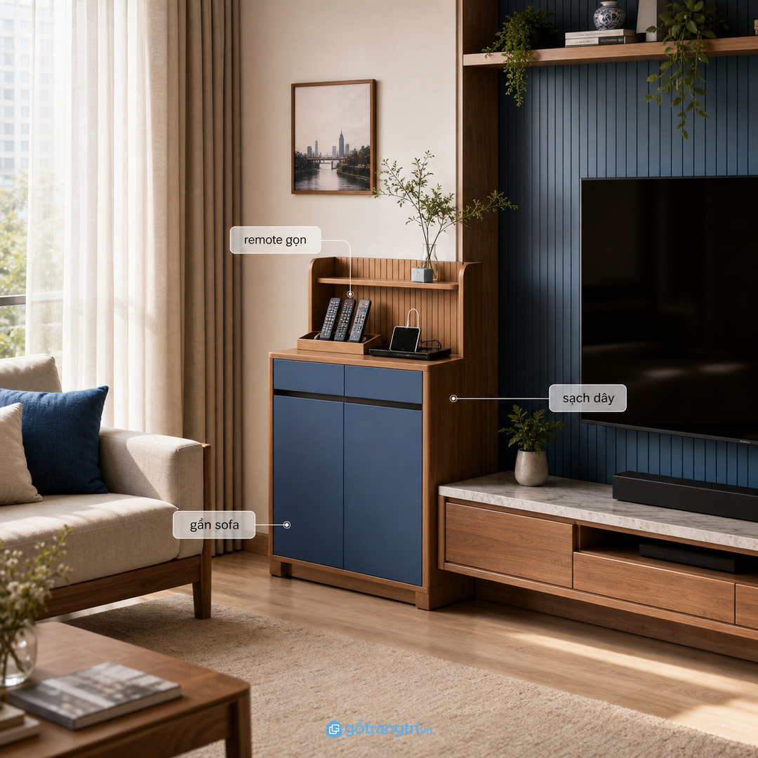 Nhà phố nhiều thiết bị nên gom router, loa nhỏ và remote về một tuyến tủ