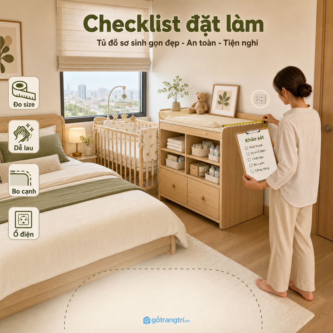 Checklist đặt làm tủ đồ sơ sinh cần đo kích thước, vật liệu, bo cạnh và ổ điện