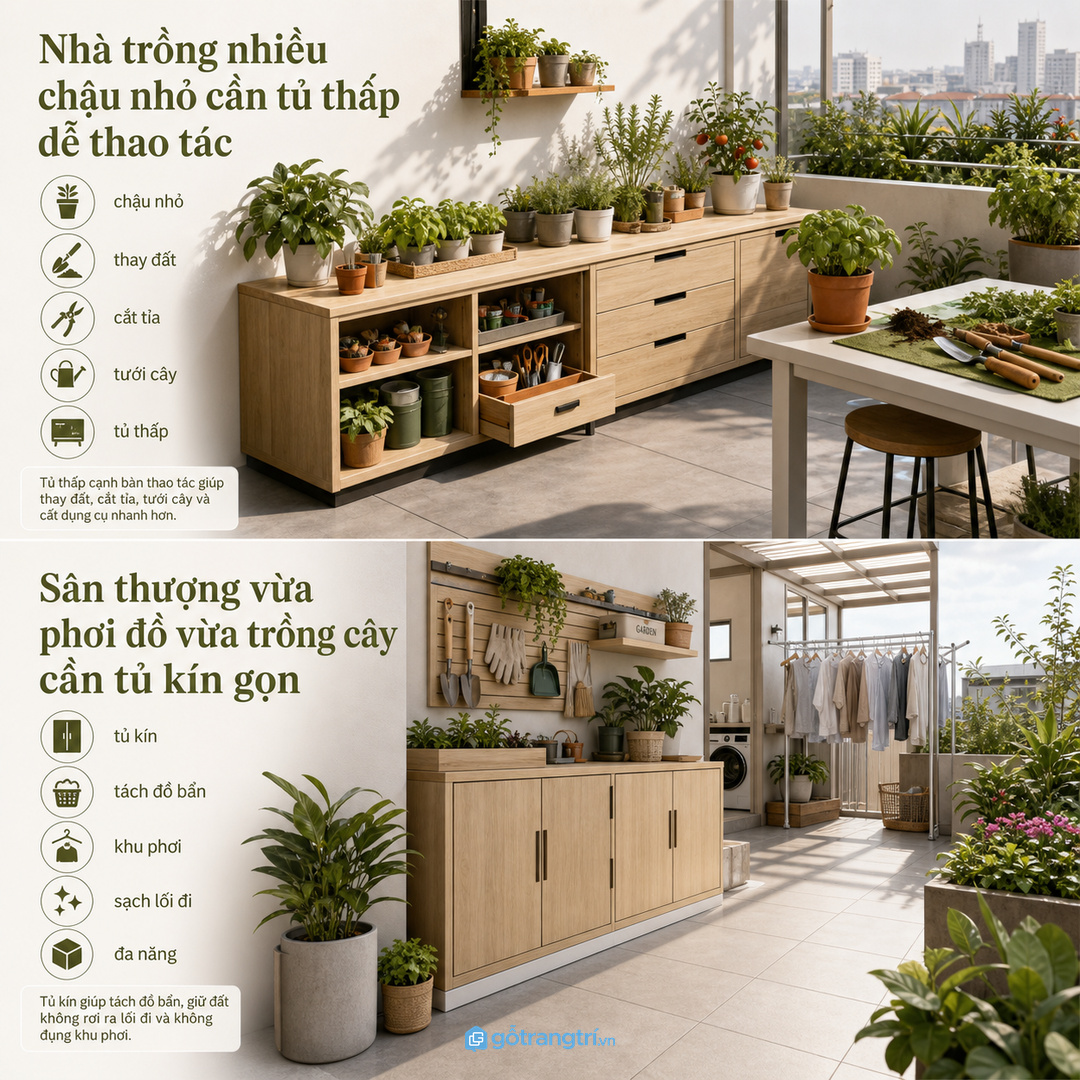 Sân thượng vừa phơi đồ vừa trồng cây cần tủ kín gọn