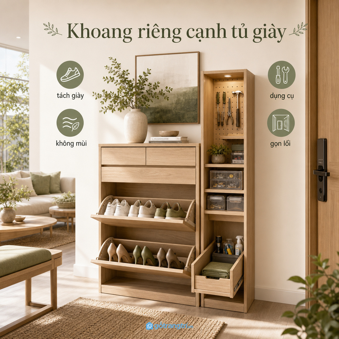 Khoang dụng cụ cạnh tủ giày cần tách riêng để sạch mùi và gọn lối vào