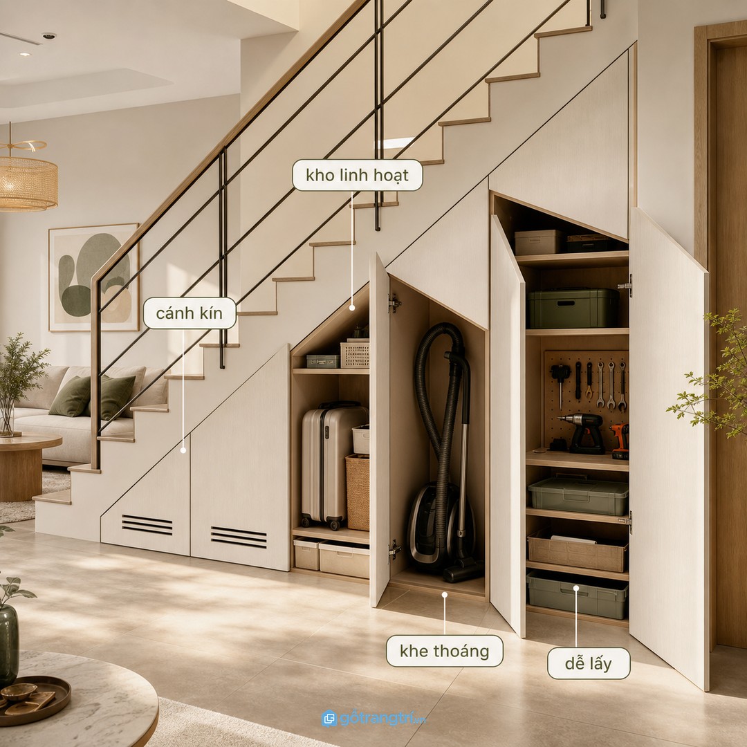 Kho đa năng dưới cầu thang cần cánh kín gọn, khoang linh hoạt và thông thoáng