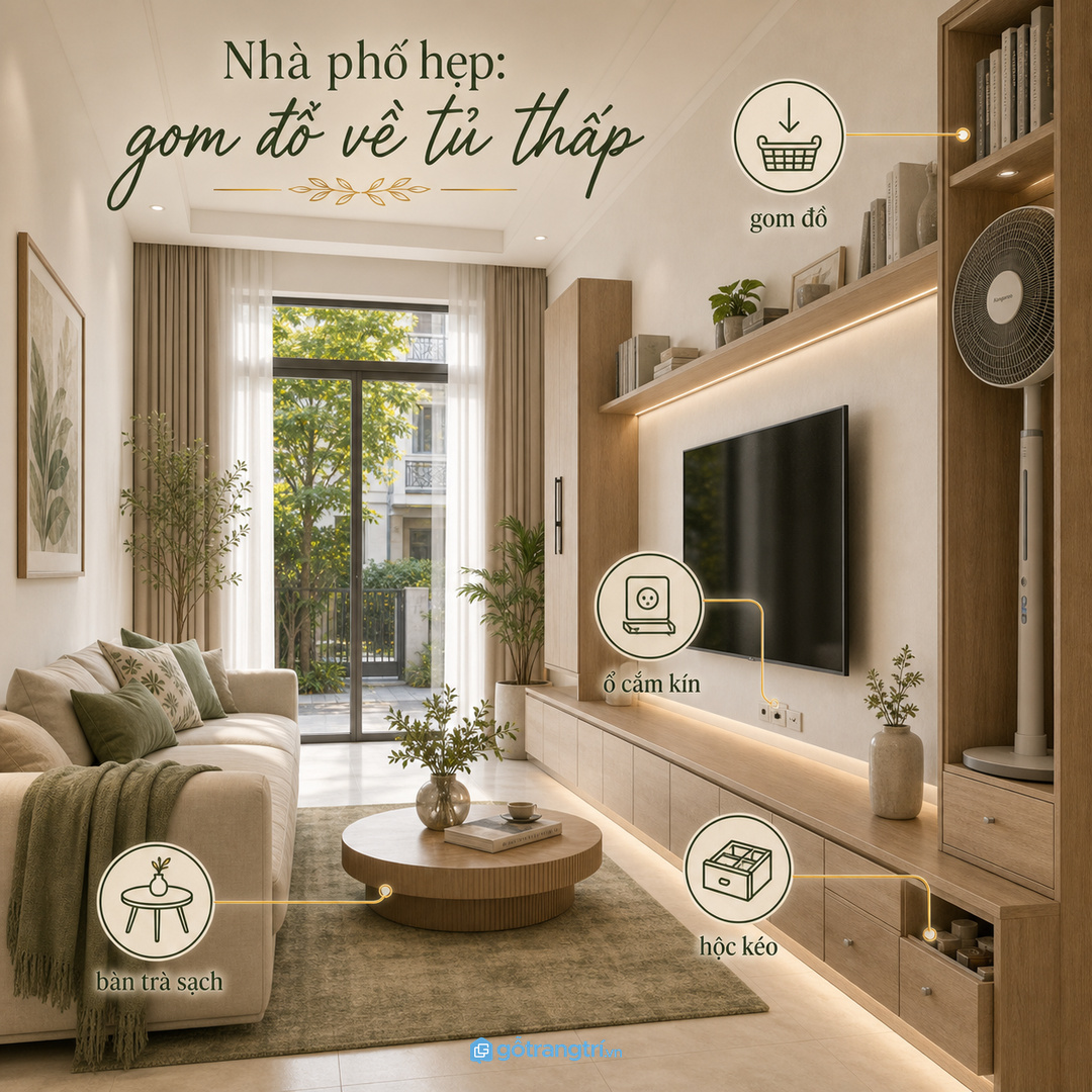 Nhà phố hẹp nên gom quạt, ổ cắm và đồ nhỏ về một hệ tủ thấp