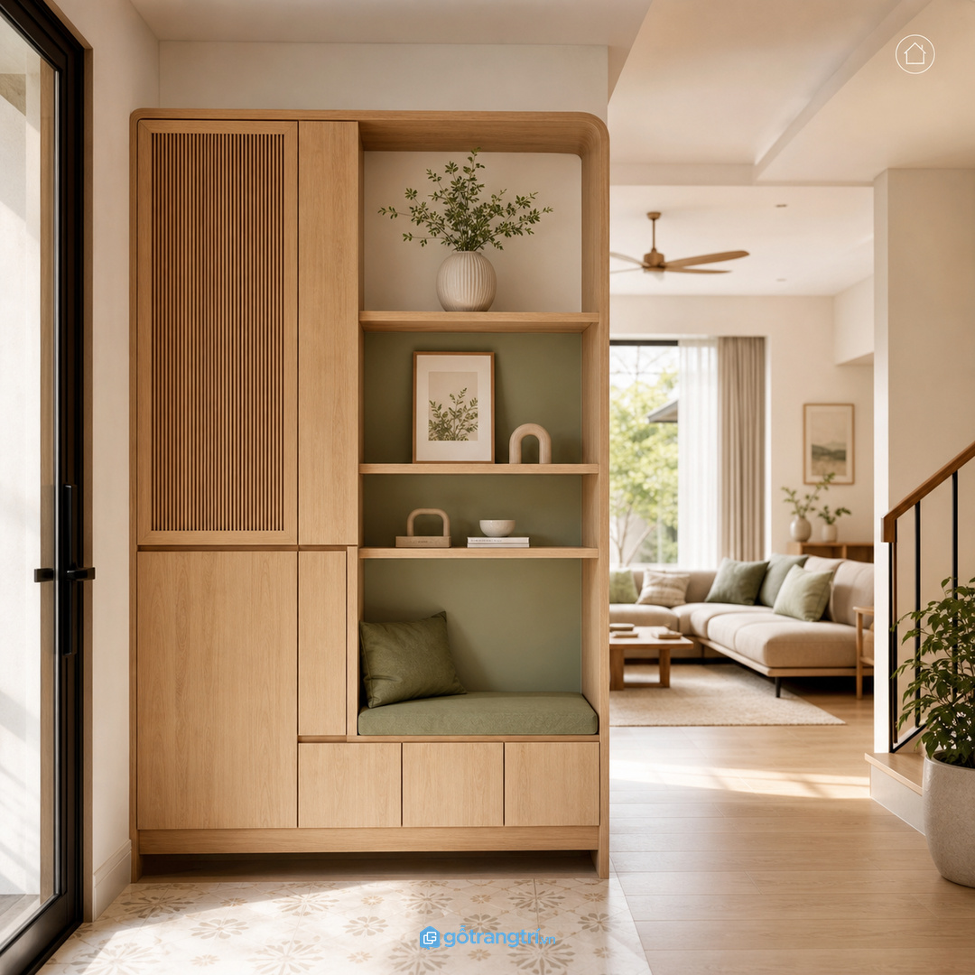 Lối vào gần phòng khách nên làm tủ giày như một kệ trang trí