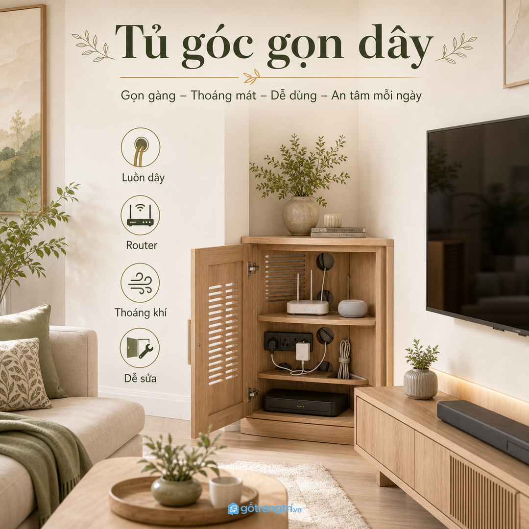 Tủ góc xử lý dây và thiết bị gọn hơn