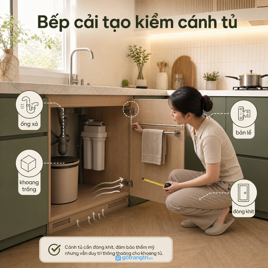 Bếp cải tạo cần kiểm cánh tủ, bản lề và thoáng khí trước khi lắp
