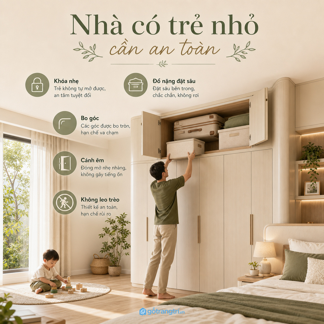Nhà có trẻ nhỏ nên khóa nhẹ khoang đồ cao và tách vật nặng khỏi mép tủ