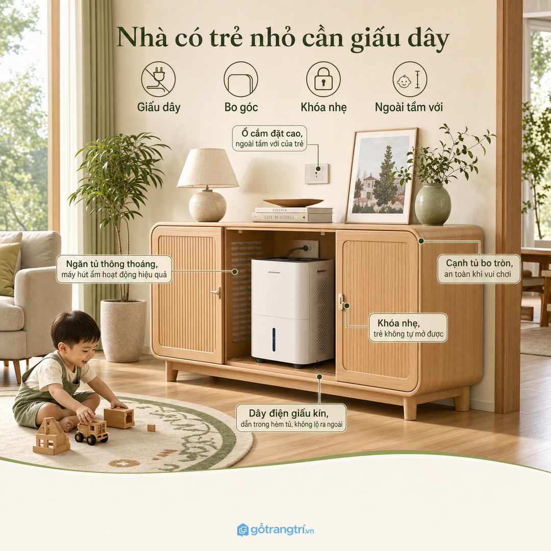 Gia đình có trẻ nhỏ cần giấu dây, bo góc và khóa nhẹ khoang thiết bị