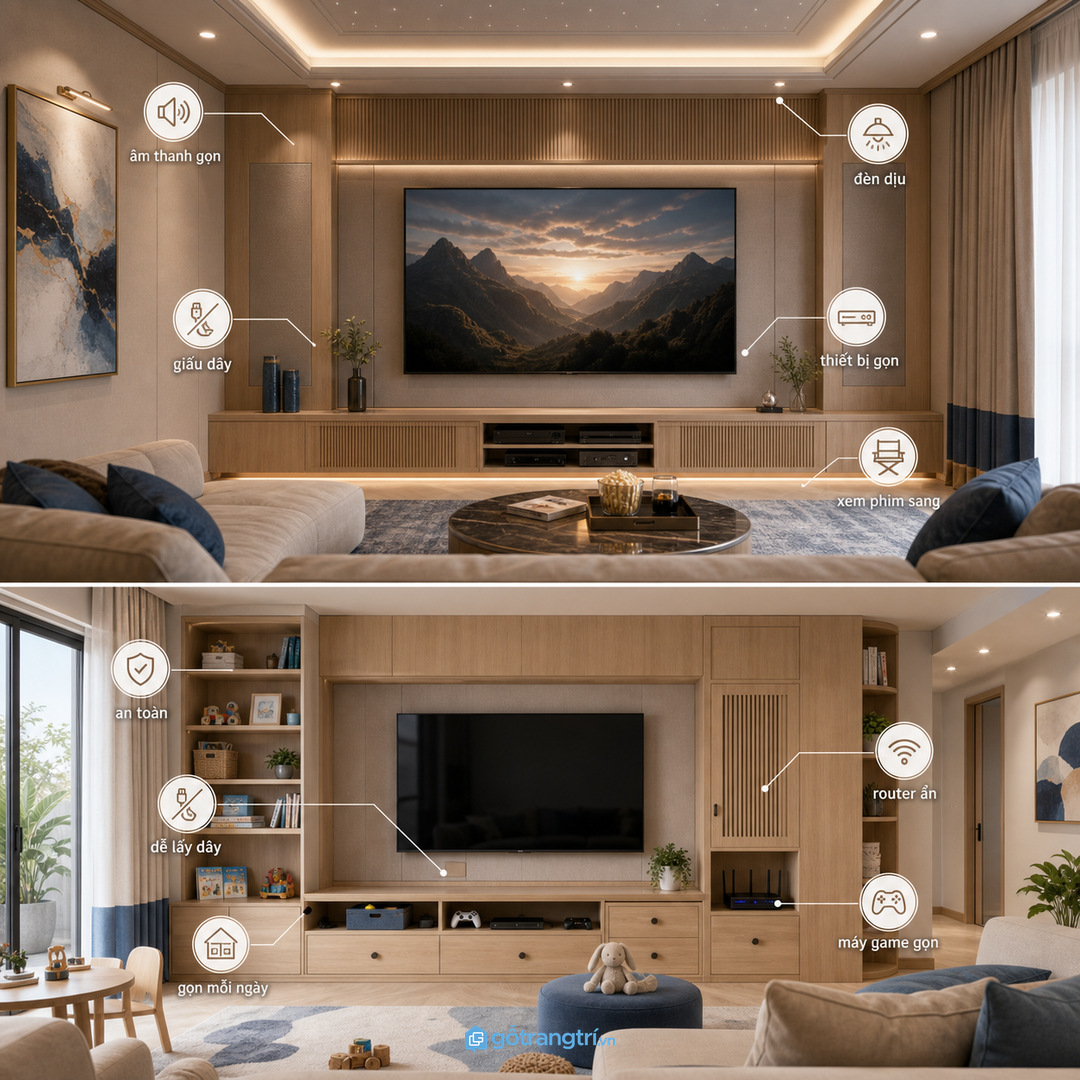Cải tạo mảng tường TV cũ cần khảo sát ổ điện, đường dây và lối lắp đặt