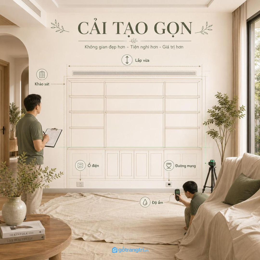 Cải tạo mảng tường cũ thành tủ sách cần khảo sát ổ điện, độ ẩm và lối lắp