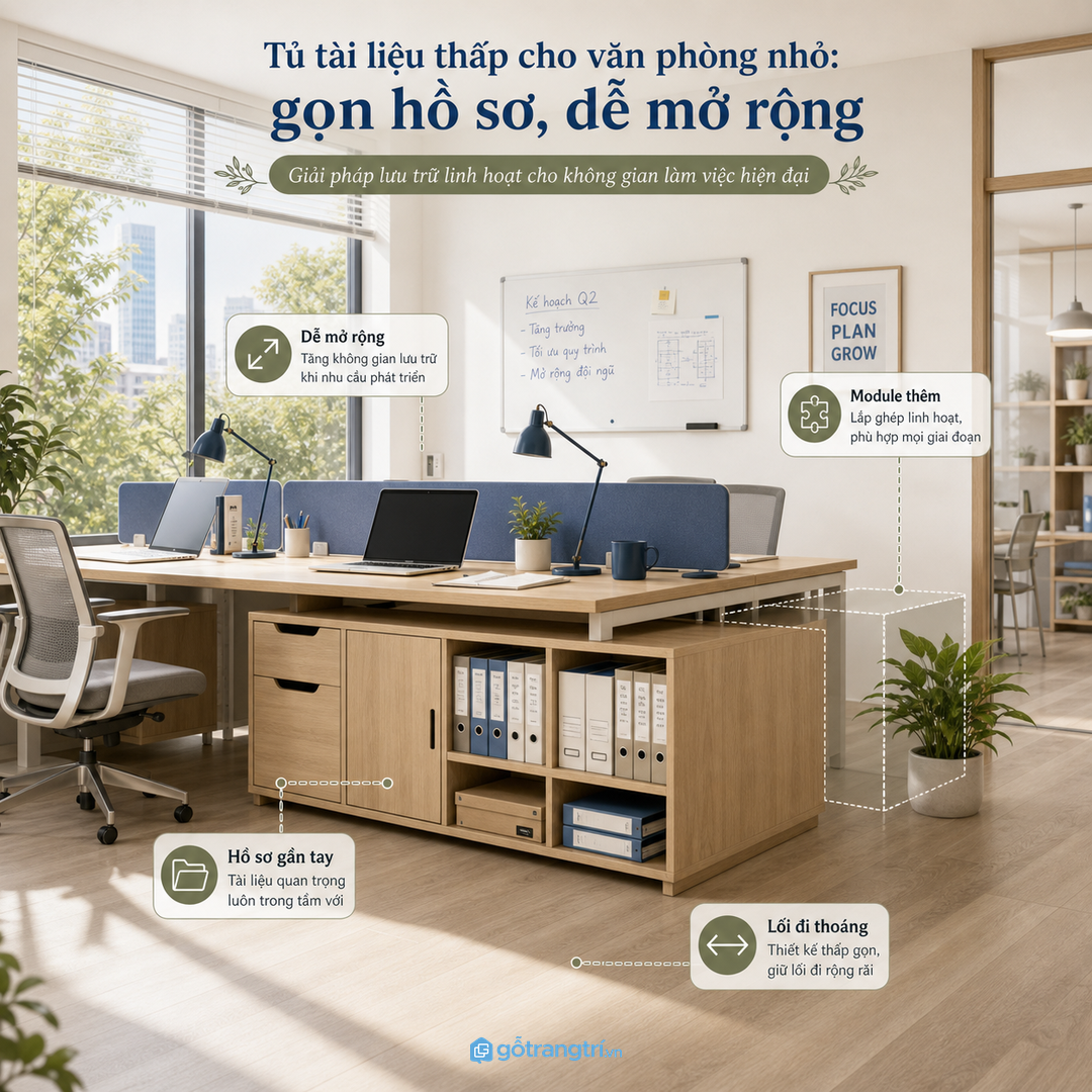 Đặt làm tủ tài liệu thấp cần đo hồ sơ, thiết bị, ổ điện và khoảng mở cánh