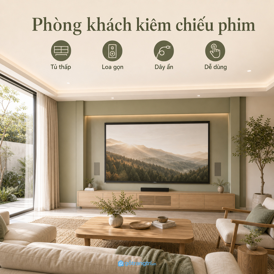 Phòng khách kiêm chiếu phim cần tủ thấp đẹp ban ngày và gọn thiết bị