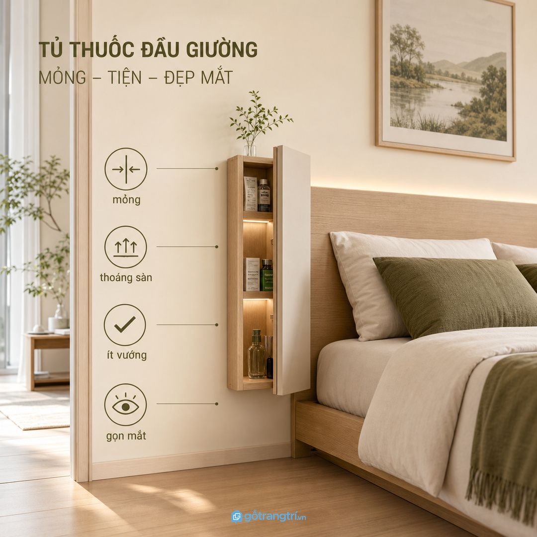 Căn hộ nhỏ hợp tủ thuốc mỏng, treo hoặc âm cạnh đầu giường